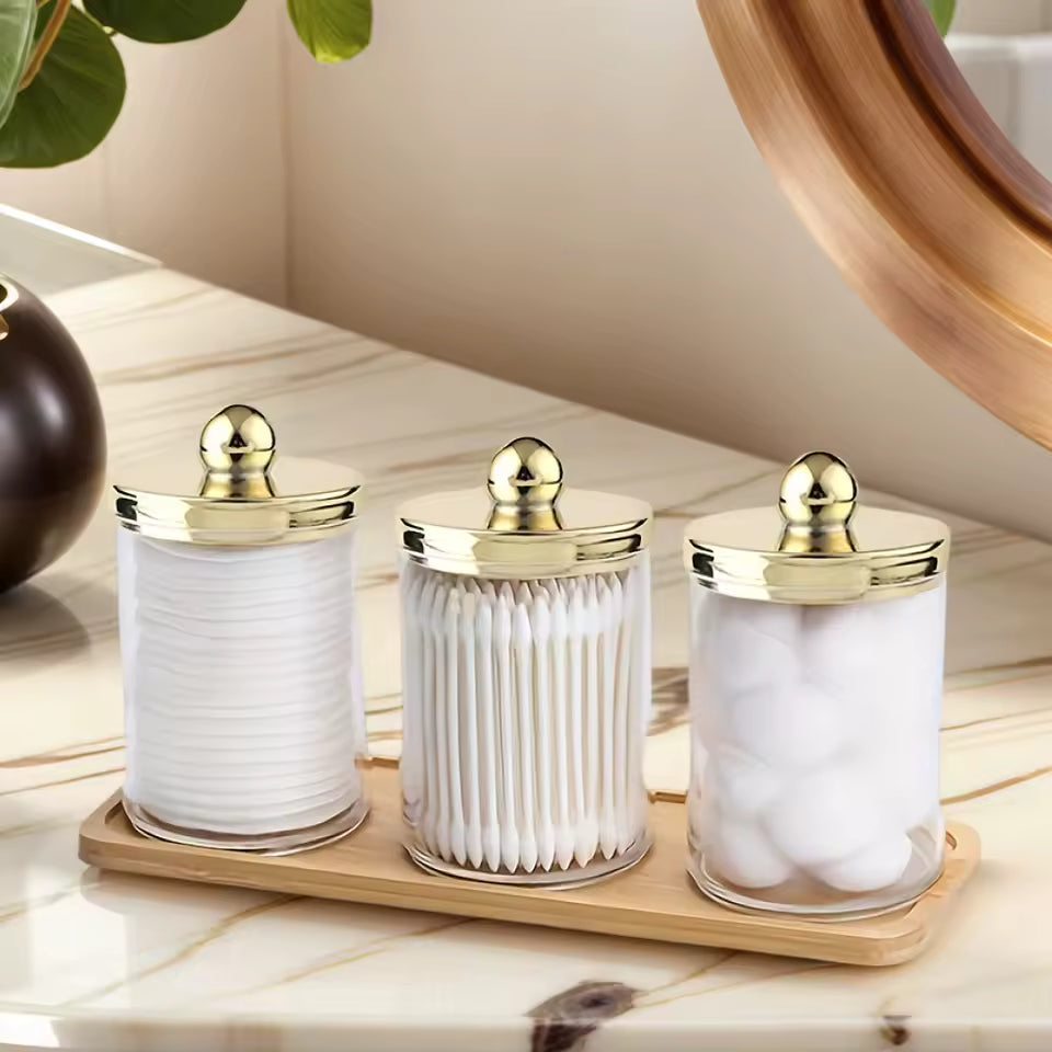 Kit Organizador de Banheiro com 3 Potes + Bandeja Dourada – Elegância, organização e praticidade no seu dia a dia