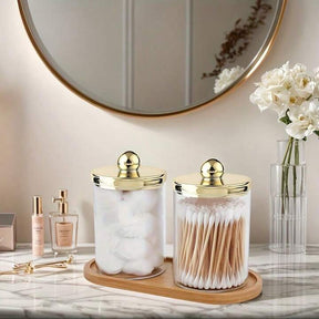 Kit Organizador de Banheiro com 3 Potes + Bandeja Dourada – Elegância, organização e praticidade no seu dia a dia